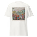 Unisex black t-shirt featuring Andrea Mantegna painting "Men Carrying Trophies" printed across the front