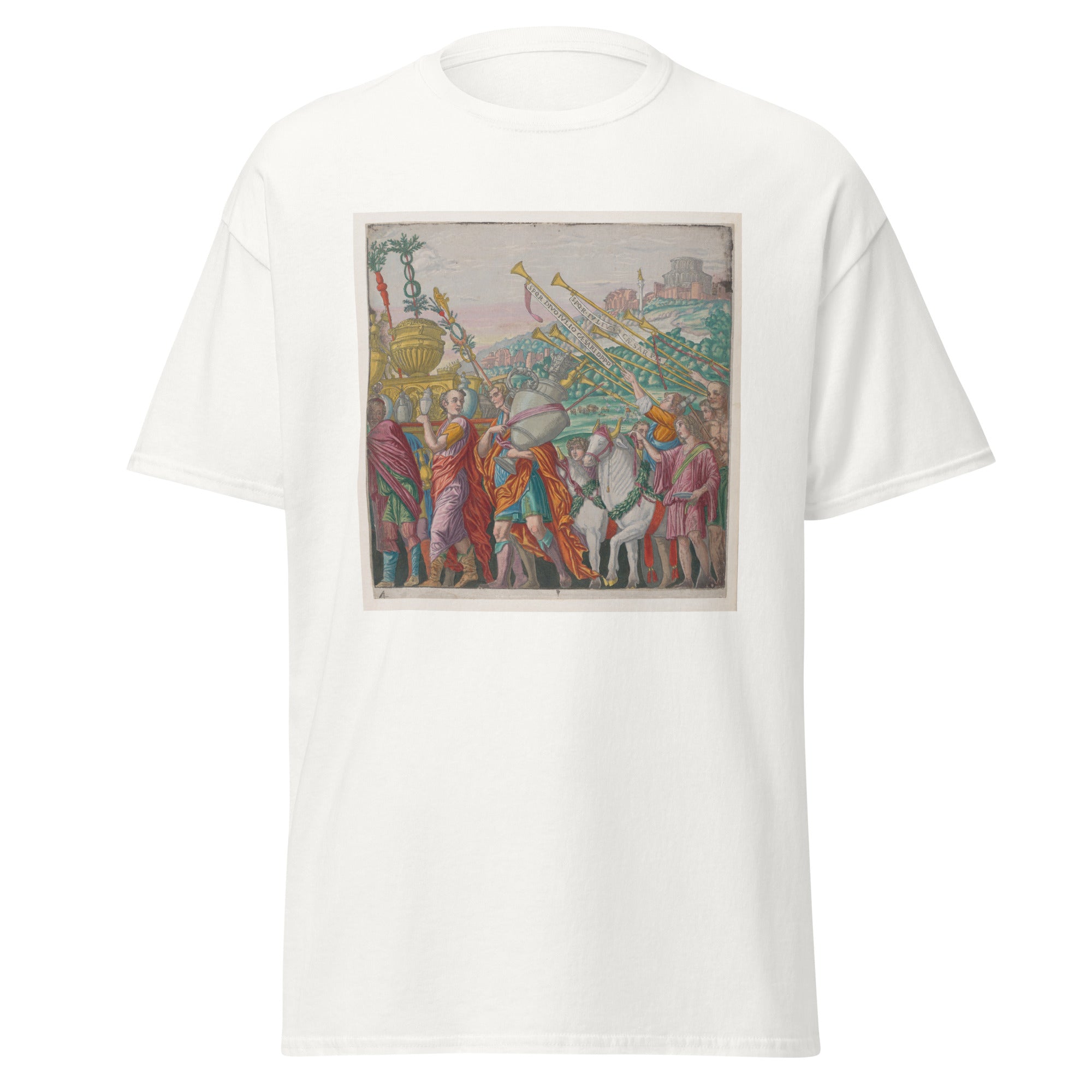 Unisex black t-shirt featuring Andrea Mantegna painting "Men Carrying Trophies" printed across the front
