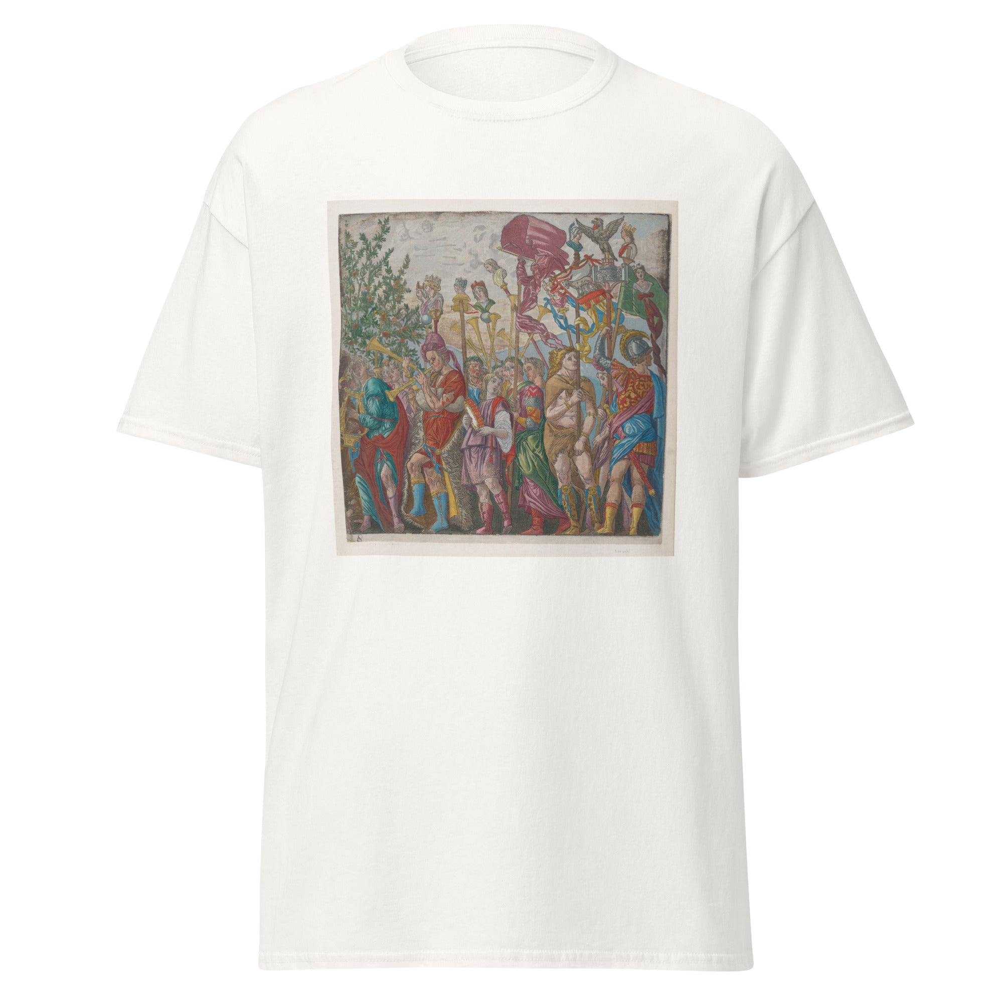 Unisex black t-shirt featuring Andrea Mantegna painting "Musicians" printed across the front