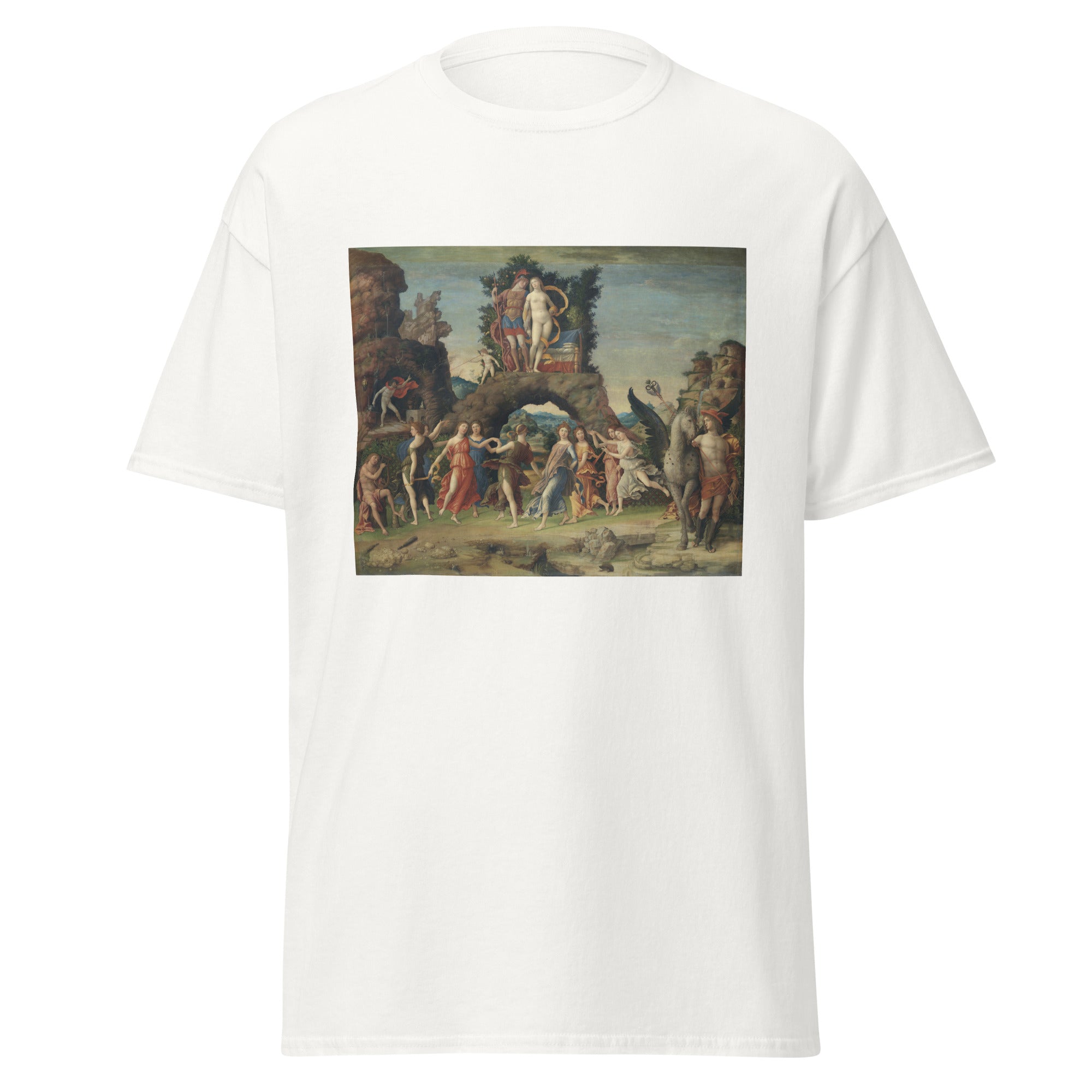 Unisex black t-shirt featuring Andrea Mantegna painting "Parnassus" printed across the front