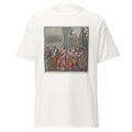 Unisex black t-shirt featuring Andrea Mantegna painting "Procession" printed across the front