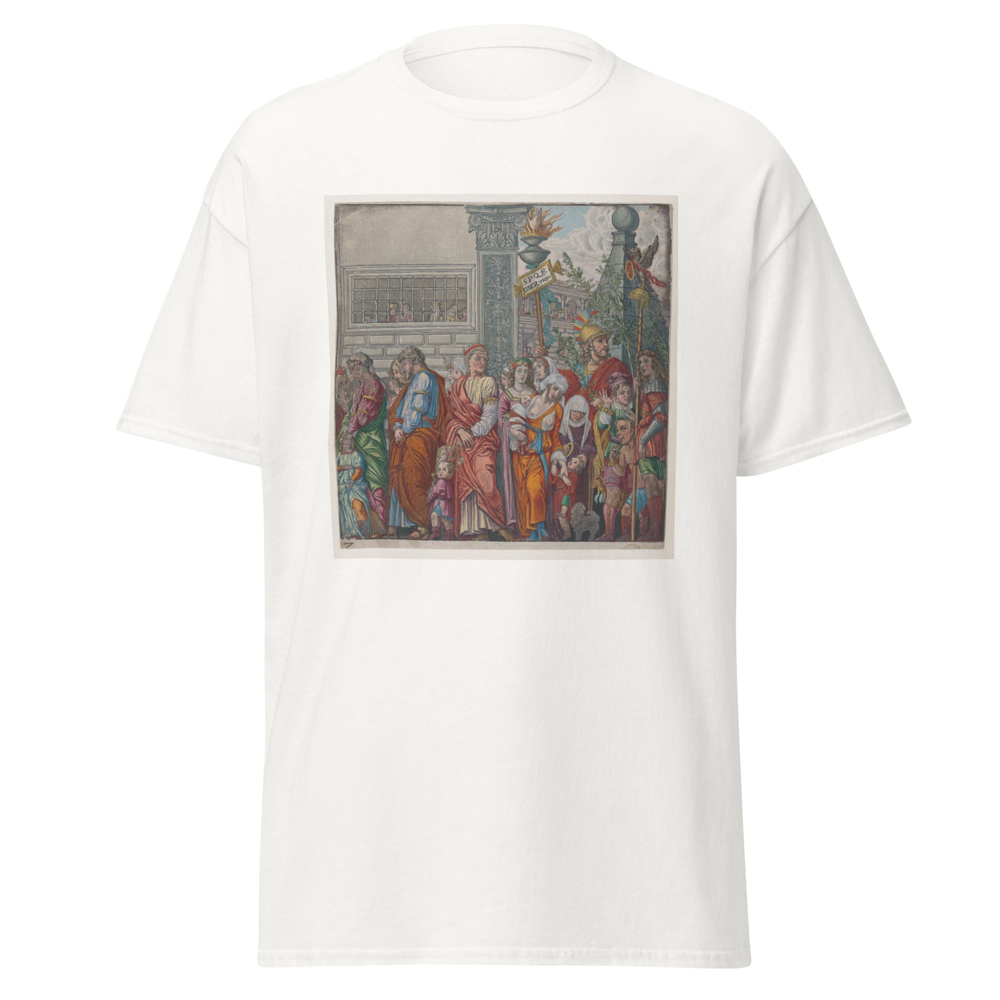 Unisex black t-shirt featuring Andrea Mantegna painting "Procession" printed across the front