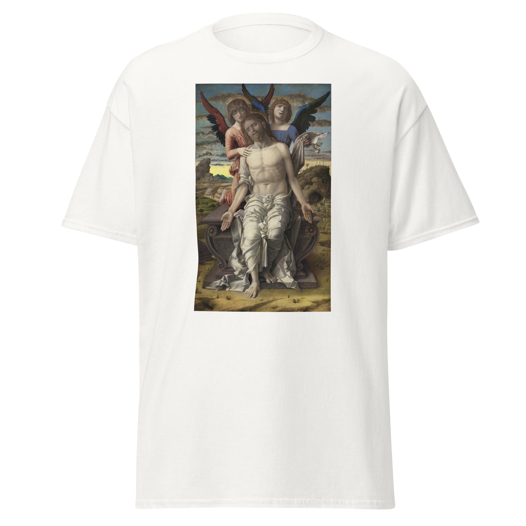 Unisex black t-shirt featuring Andrea Mantegna painting "Redeemer" printed across the front