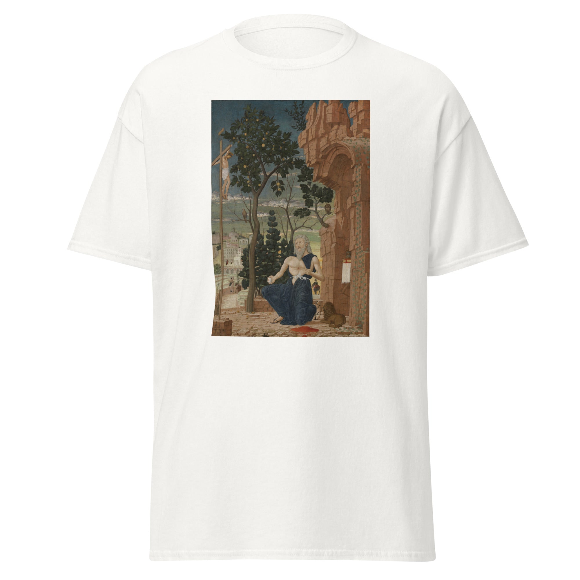 Unisex black t-shirt featuring Andrea Mantegna painting "St Jerome" printed across the front