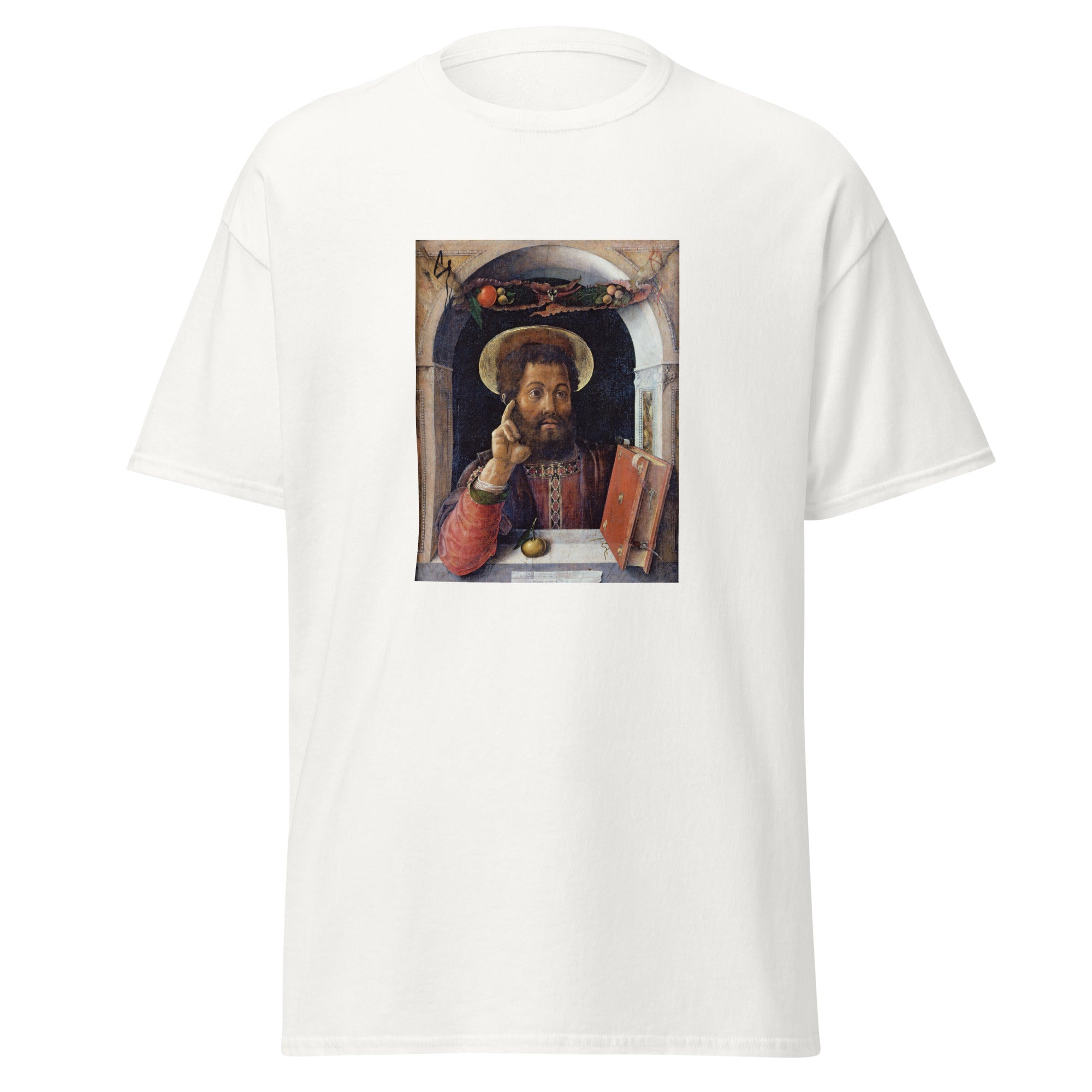Unisex black t-shirt featuring Andrea Mantegna painting "St Mark" printed across the front
