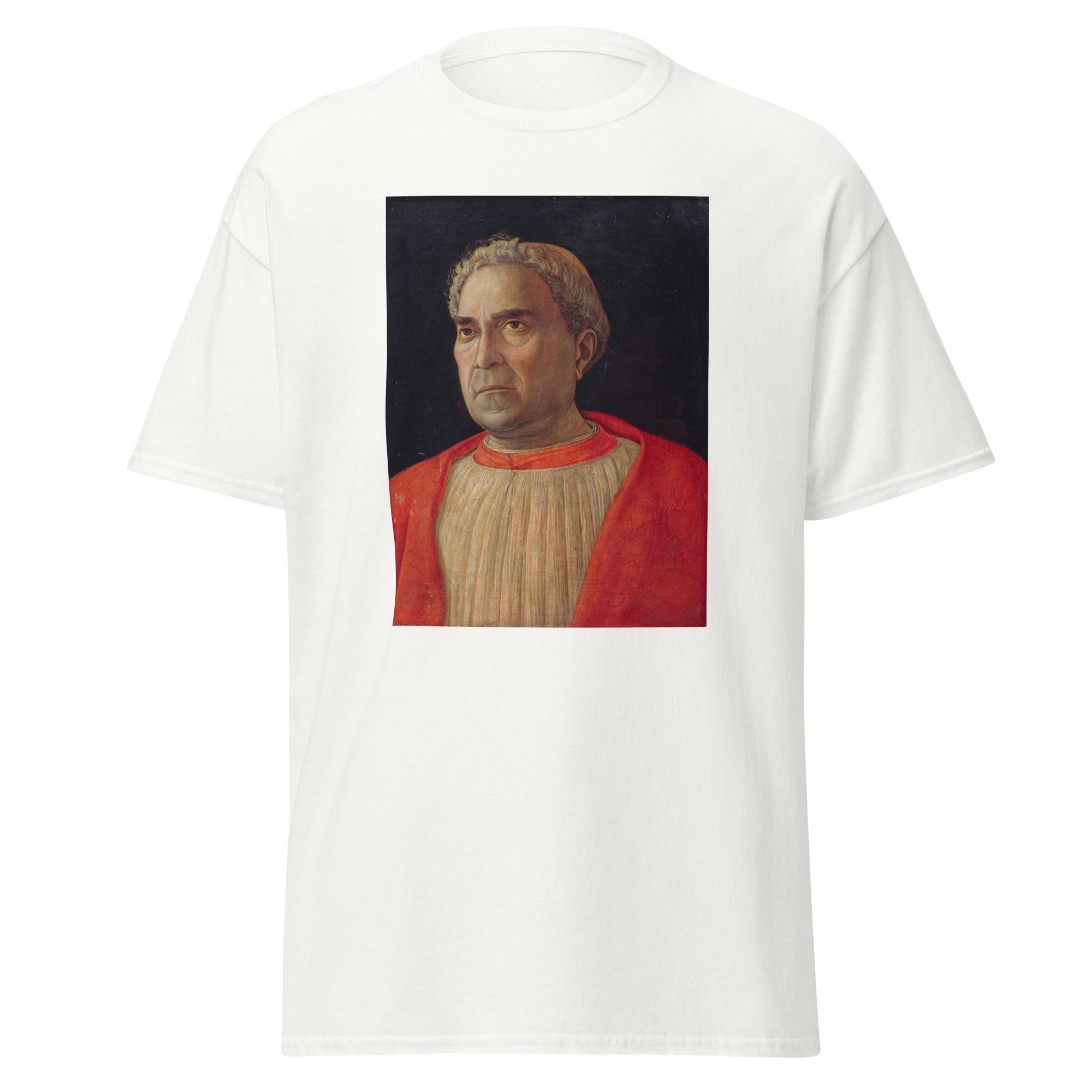 Unisex black t-shirt featuring Andrea Mantegna painting "Trevisano" printed across the front