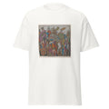 Unisex black t-shirt featuring Andrea Mantegna painting "Triumphal Chariot" printed across the front
