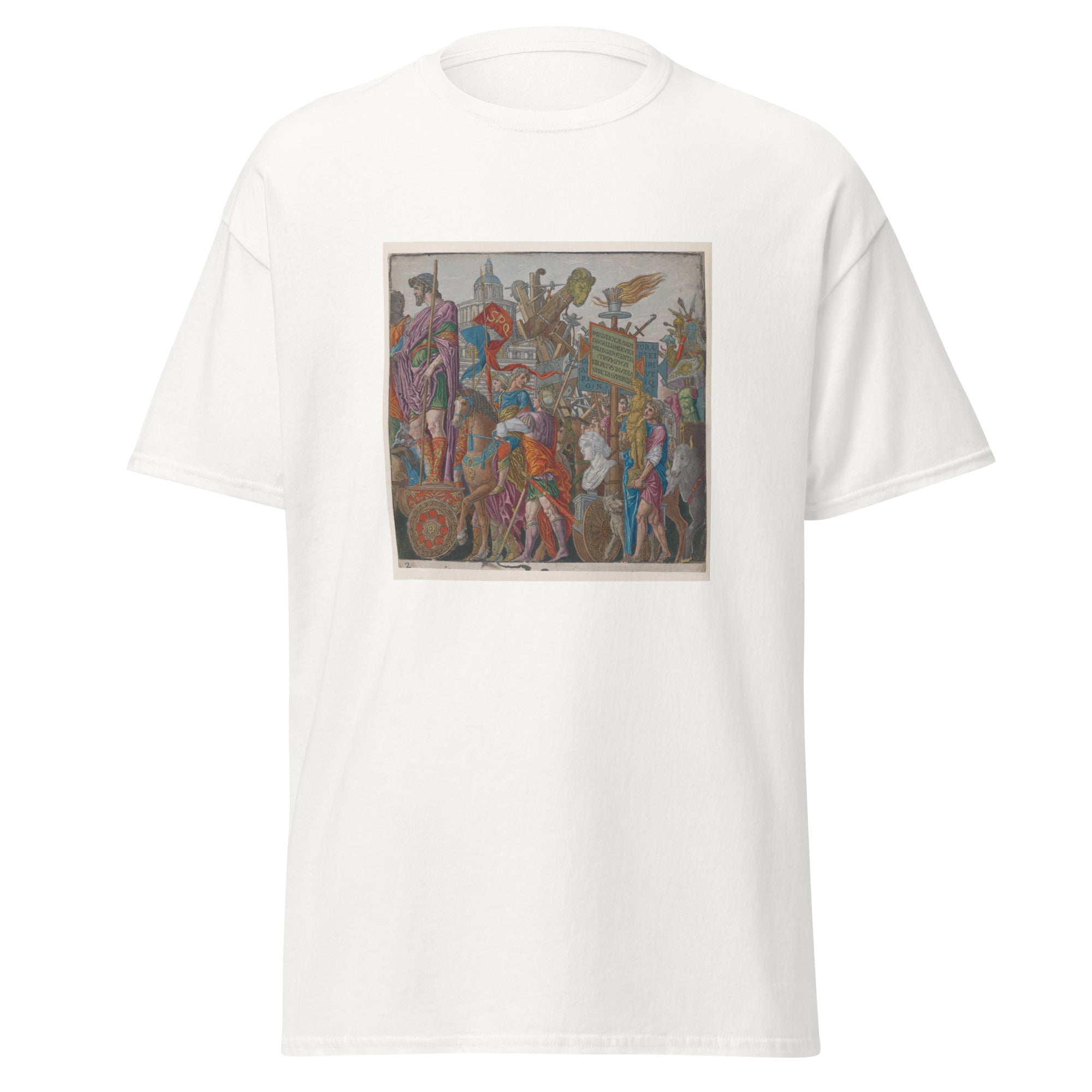 Unisex black t-shirt featuring Andrea Mantegna painting "Triumphal Chariot" printed across the front