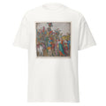 Unisex black t-shirt featuring Andrea Mantegna painting "Trophies of War" printed across the front