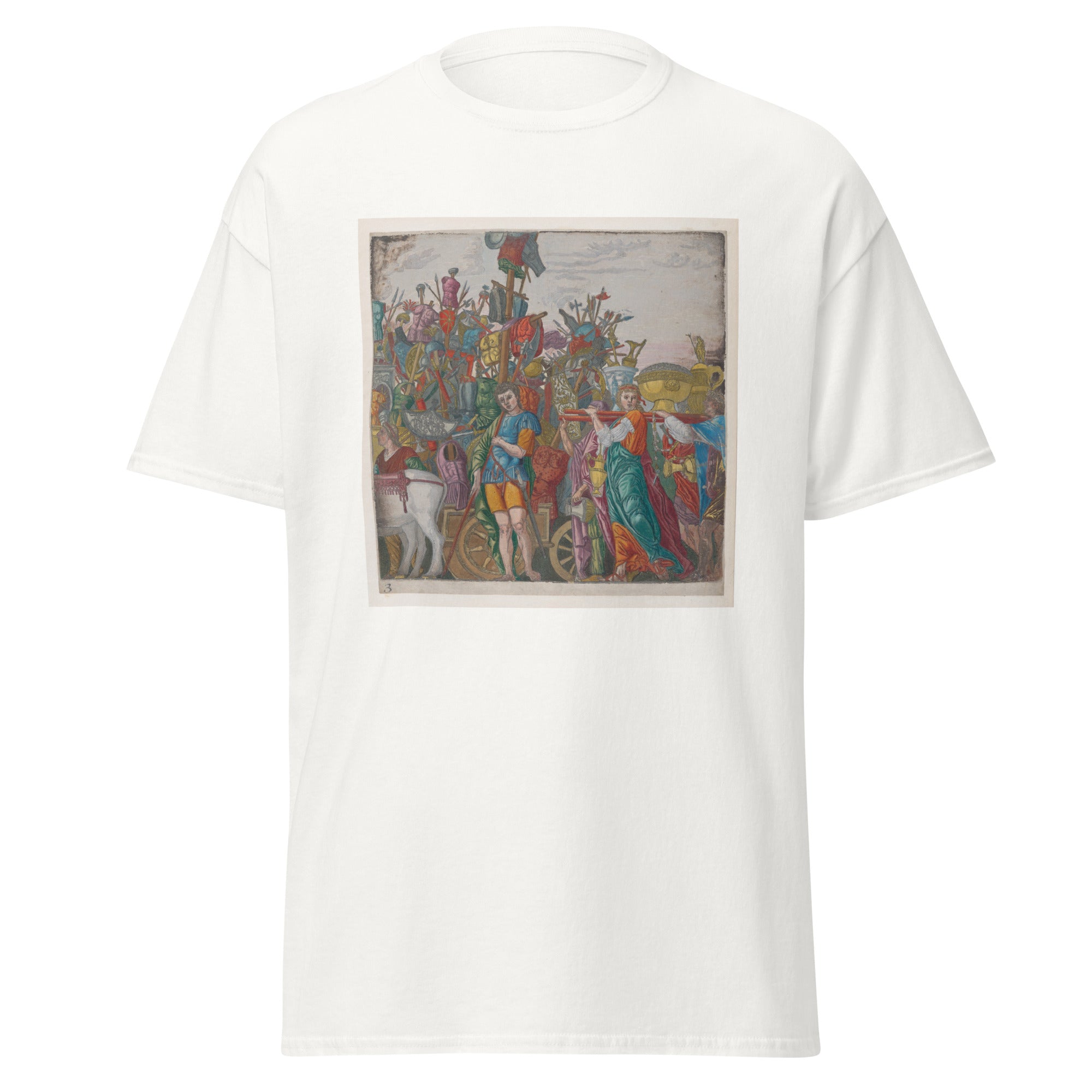 Unisex black t-shirt featuring Andrea Mantegna painting "Trophies of War" printed across the front