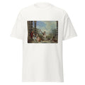 Unisex black t-shirt featuring Antoine Watteau painting "Attractions of Life" printed across the front