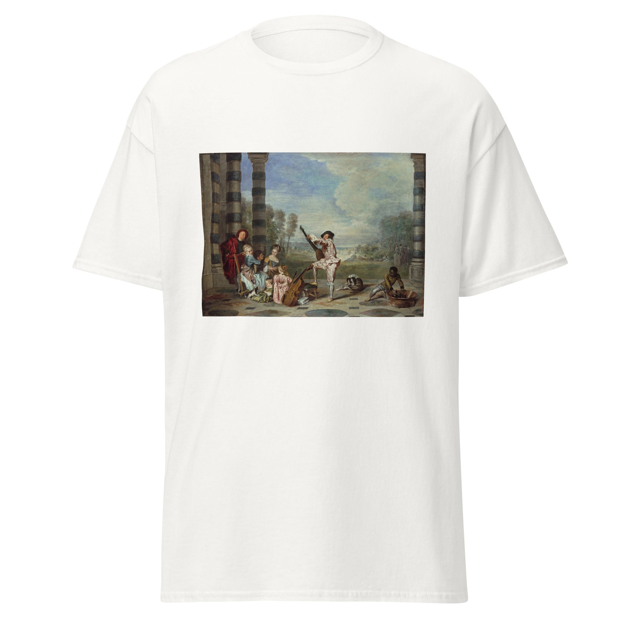 Unisex black t-shirt featuring Antoine Watteau painting "Attractions of Life" printed across the front