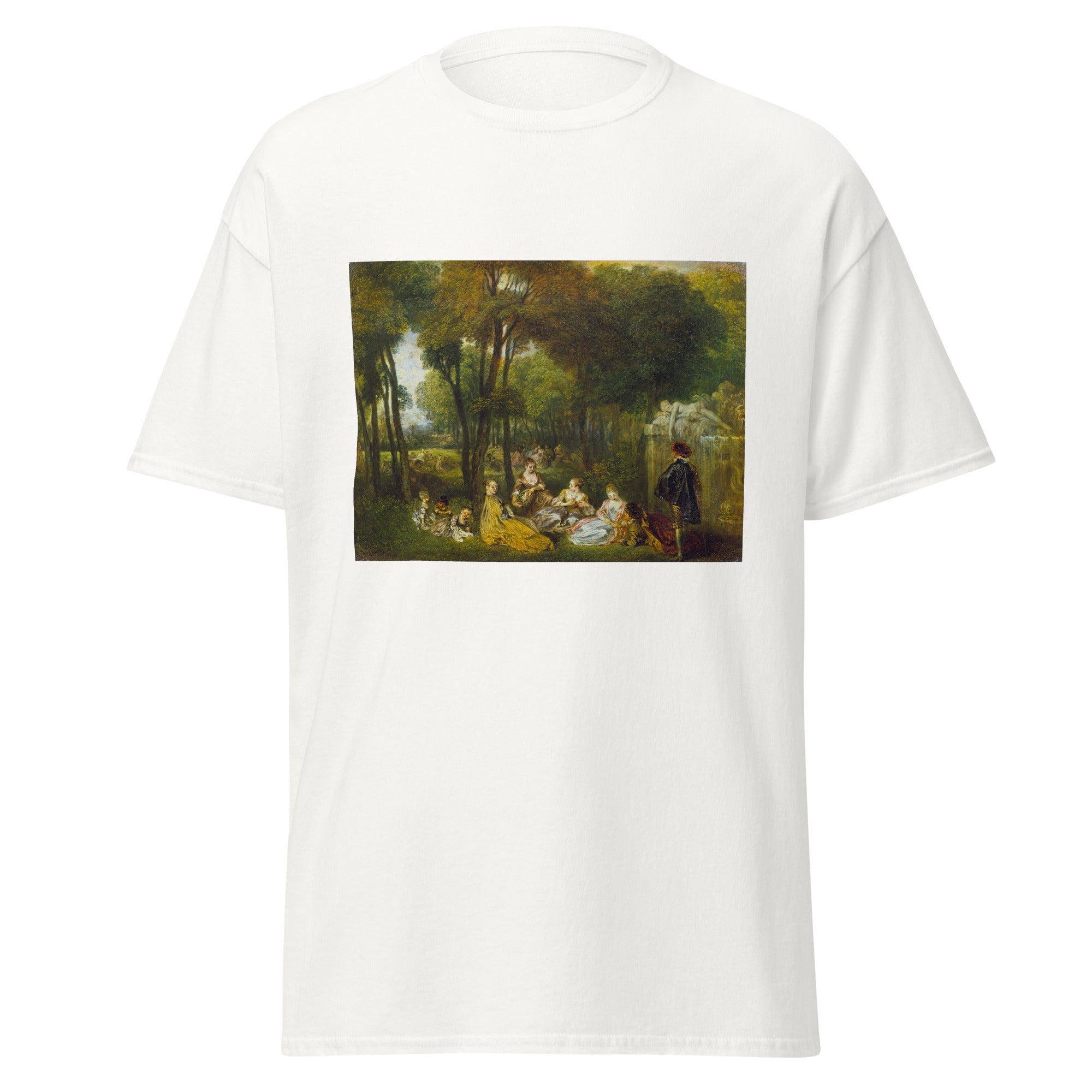 Unisex black t-shirt featuring Antoine Watteau painting "Champs Elisees" printed across the front