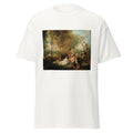 Unisex black t-shirt featuring Antoine Watteau painting "Feast of Love" printed across the front