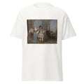 Unisex black t-shirt featuring Antoine Watteau painting "French Comedians" printed across the front
