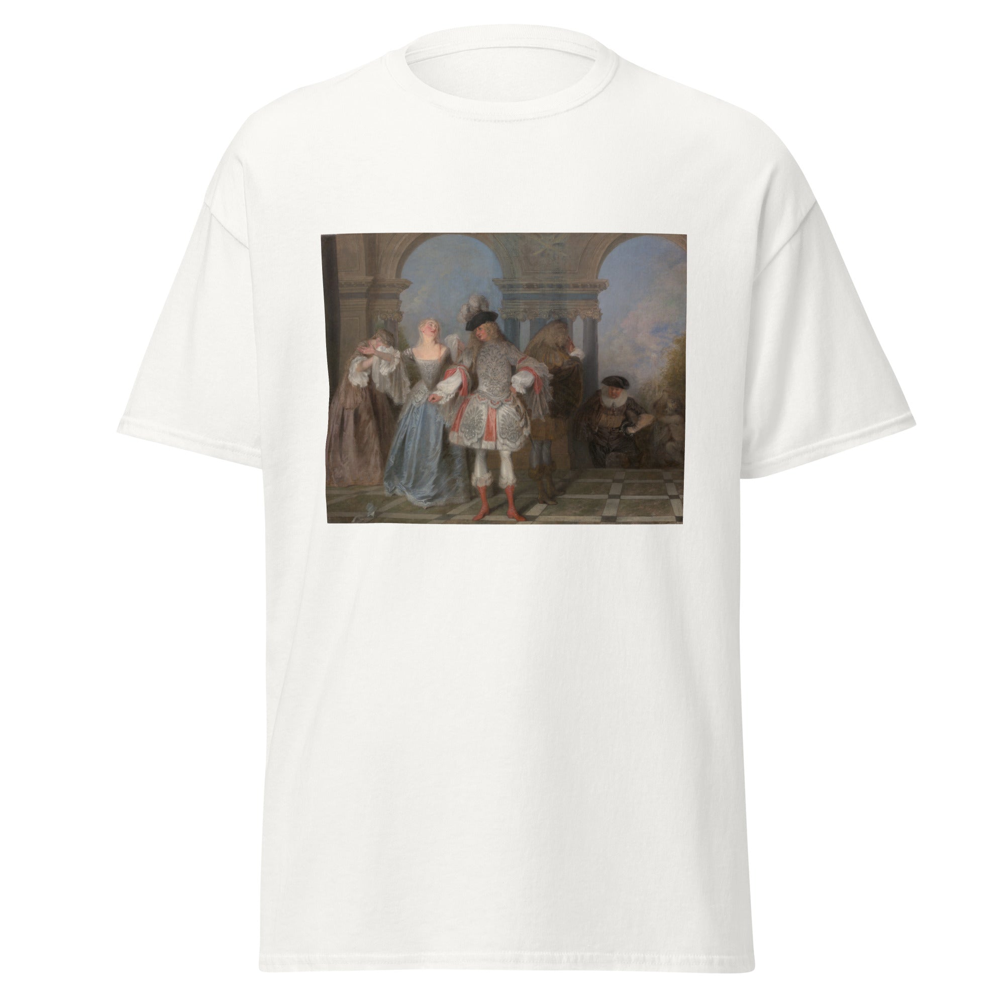 Unisex black t-shirt featuring Antoine Watteau painting "French Comedians" printed across the front