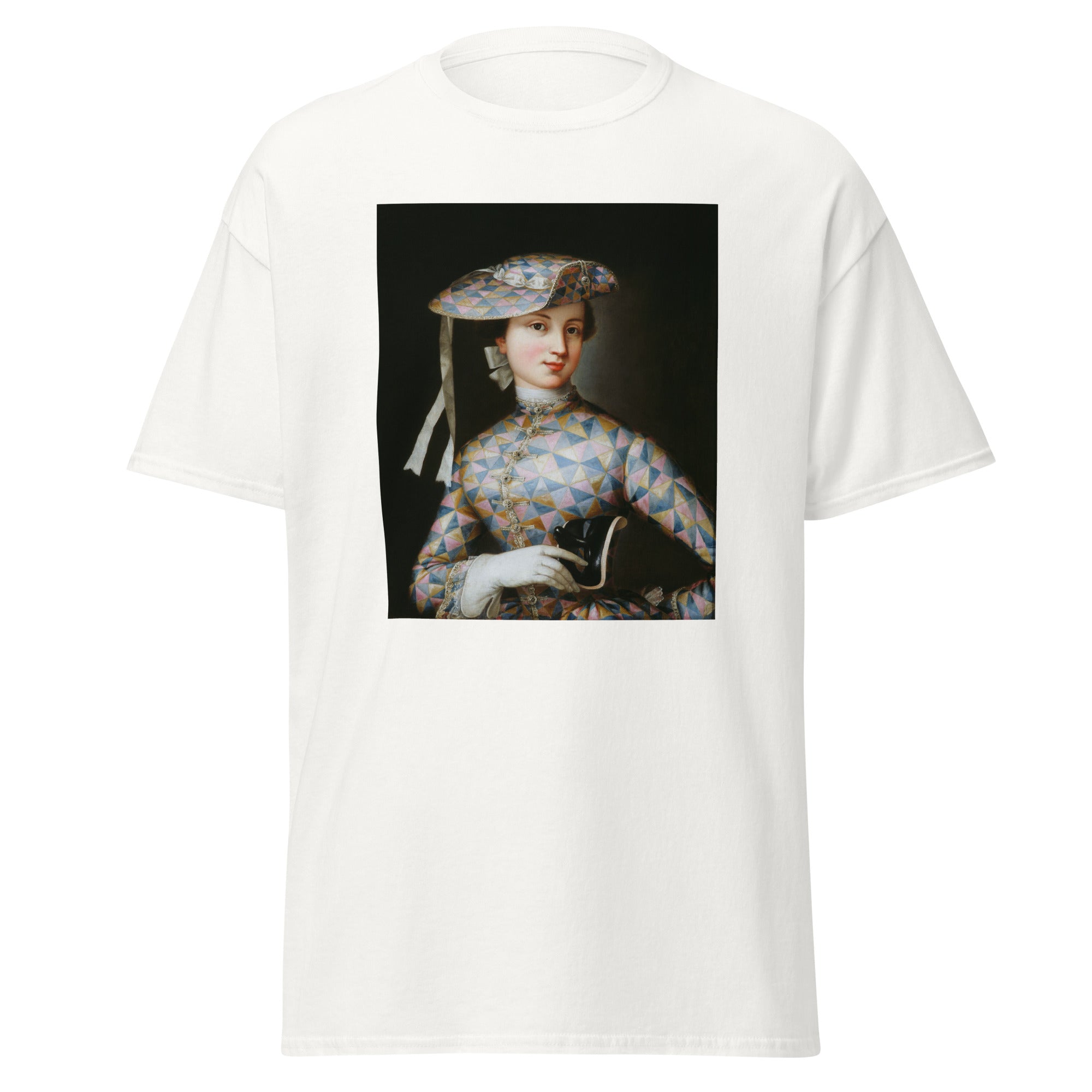 Unisex black t-shirt featuring Antoine Watteau painting "Harlequin" printed across the front