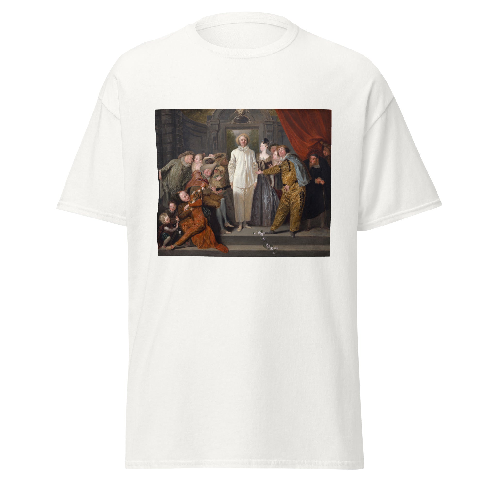 Unisex black t-shirt featuring Antoine Watteau painting "Italian Comedians" printed across the front