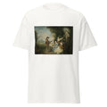 Unisex black t-shirt featuring Antoine Watteau painting "Love Lesson" printed across the front