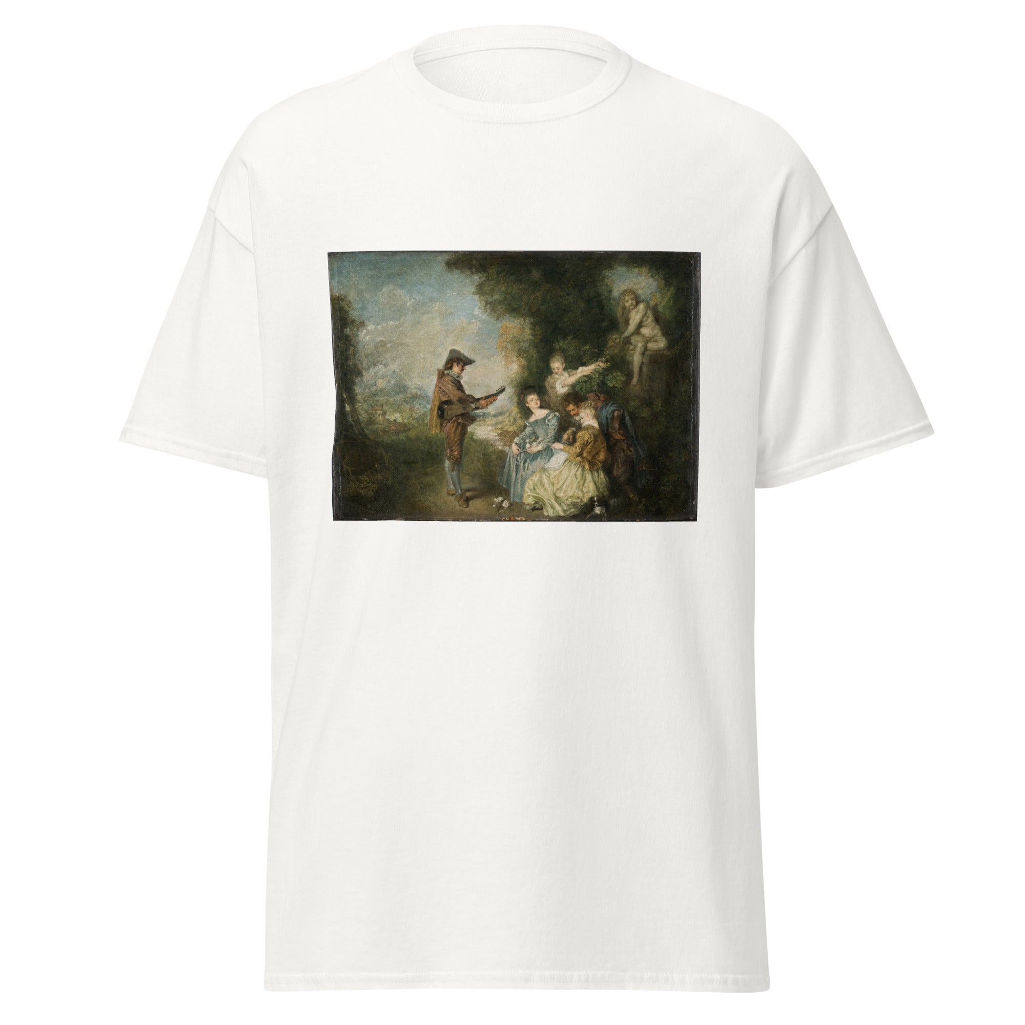 Unisex black t-shirt featuring Antoine Watteau painting "Love Lesson" printed across the front