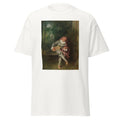 Unisex black t-shirt featuring Antoine Watteau painting "Mezetin" printed across the front