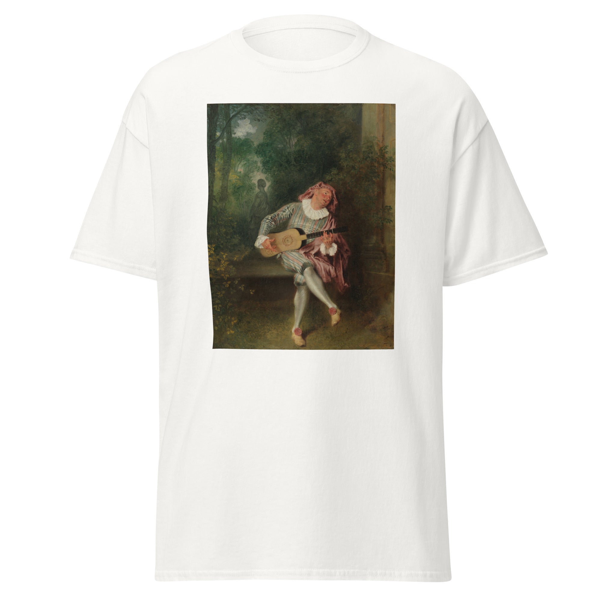 Unisex black t-shirt featuring Antoine Watteau painting "Mezetin" printed across the front