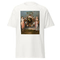Unisex black t-shirt featuring Antoine Watteau painting "Music Comedy" printed across the front