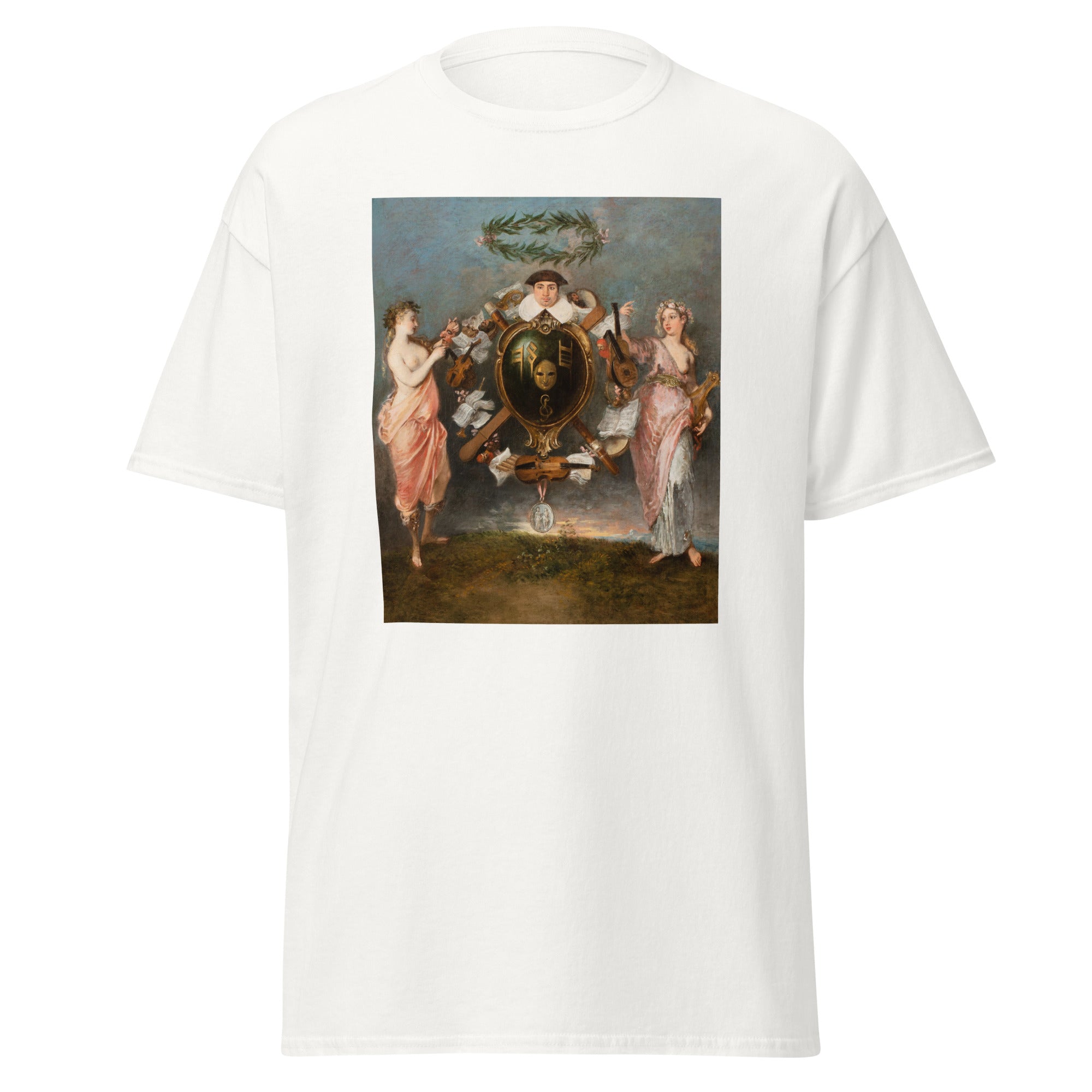 Unisex black t-shirt featuring Antoine Watteau painting "Music Comedy" printed across the front