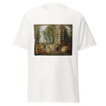 Unisex black t-shirt featuring Antoine Watteau painting "Plaisirs Du Bal" printed across the front