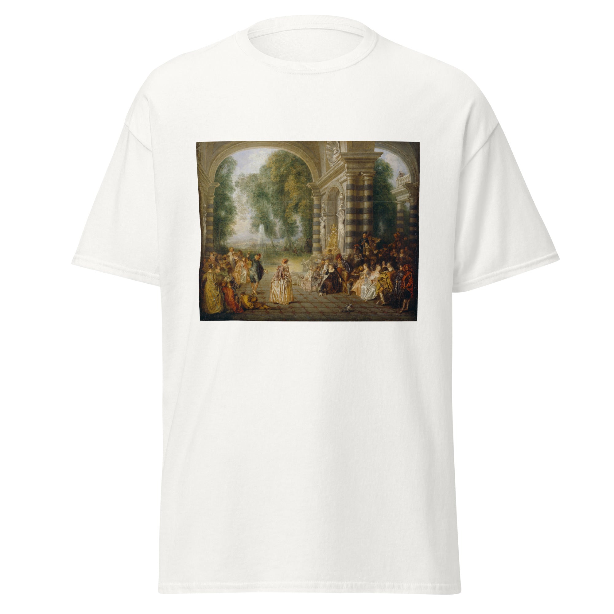 Unisex black t-shirt featuring Antoine Watteau painting "Plaisirs Du Bal" printed across the front