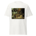 Unisex black t-shirt featuring Antoine Watteau painting "Pleasures of Love" printed across the front