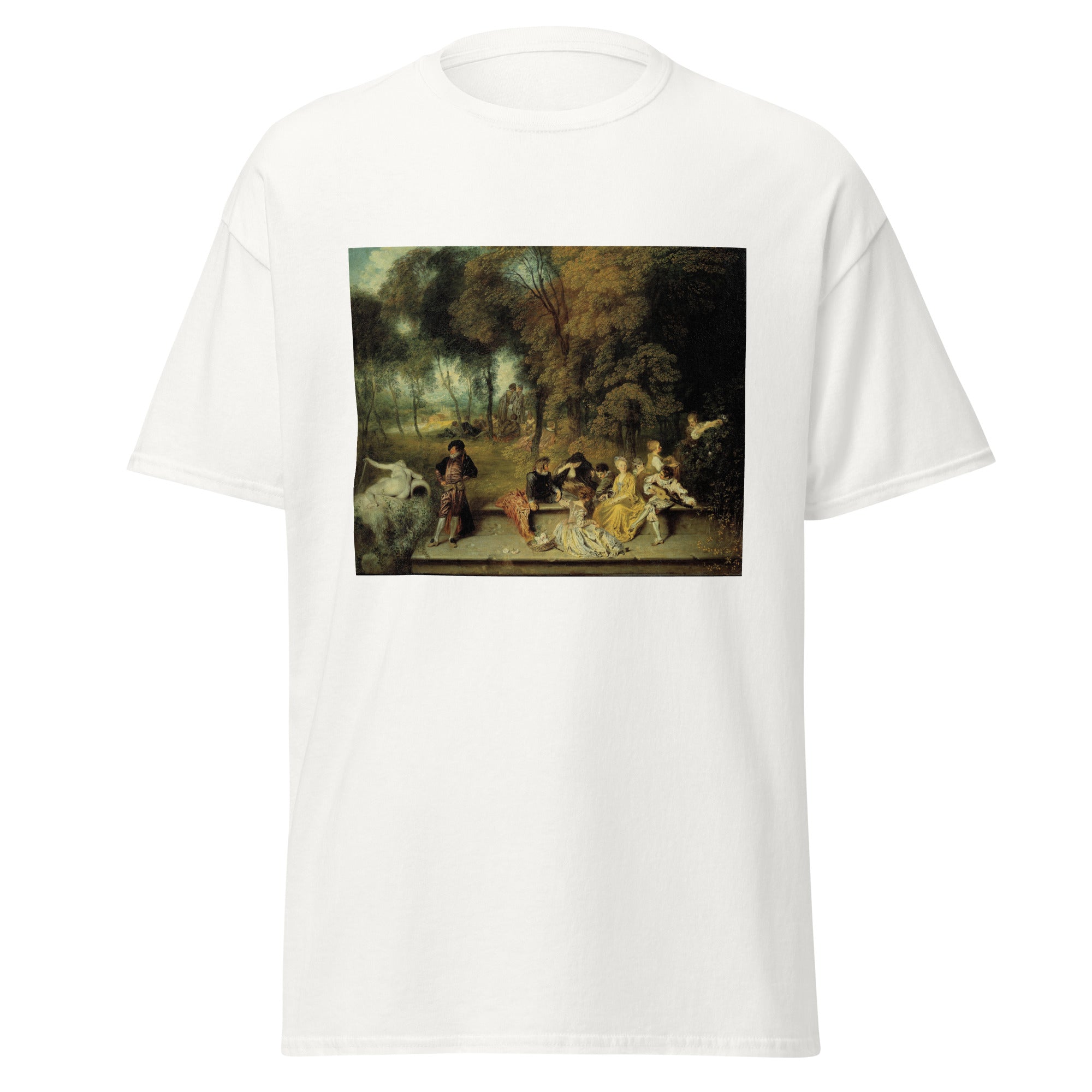 Unisex black t-shirt featuring Antoine Watteau painting "Pleasures of Love" printed across the front