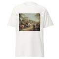 Unisex black t-shirt featuring Antoine Watteau painting "Soldiers on March" printed across the front