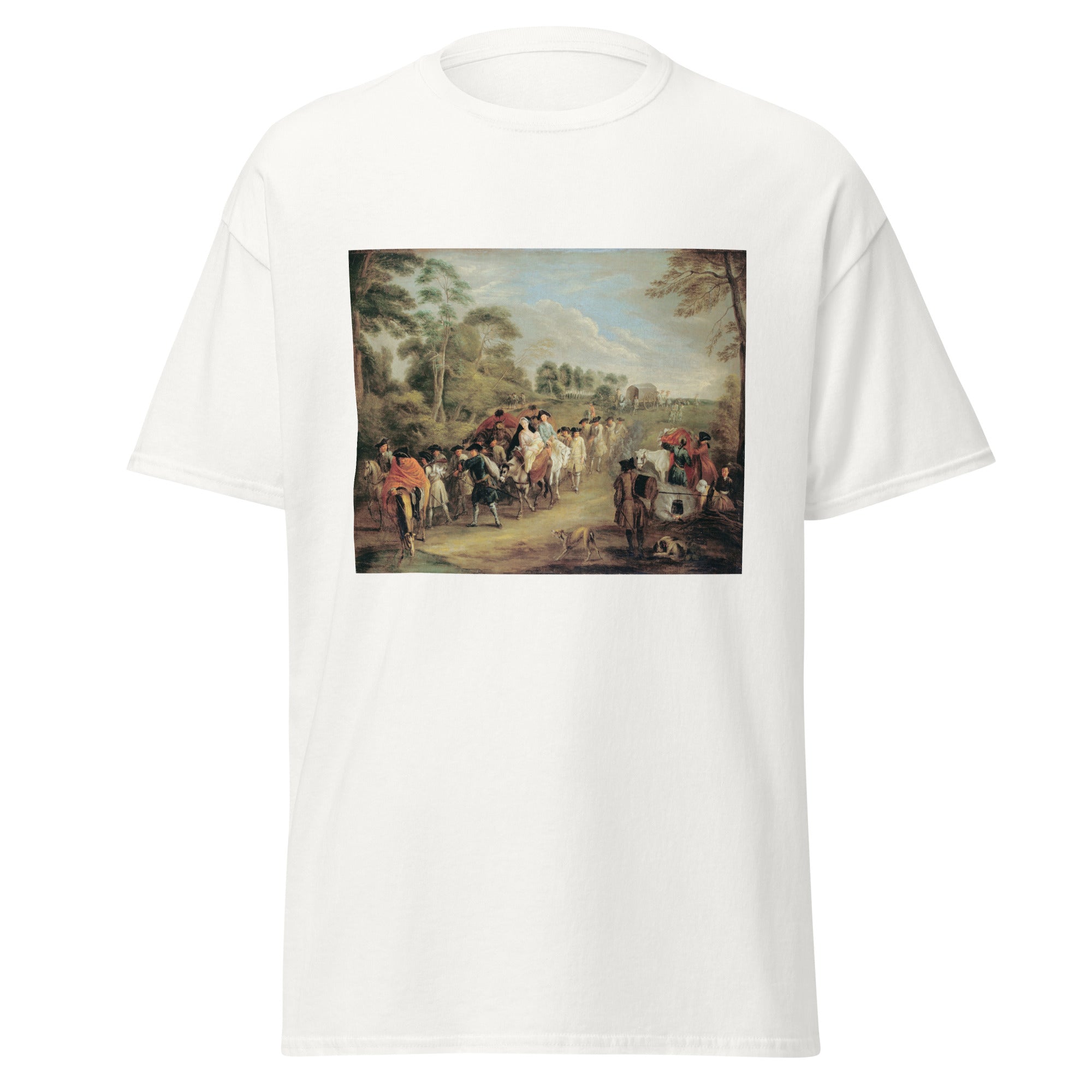 Unisex black t-shirt featuring Antoine Watteau painting "Soldiers on March" printed across the front