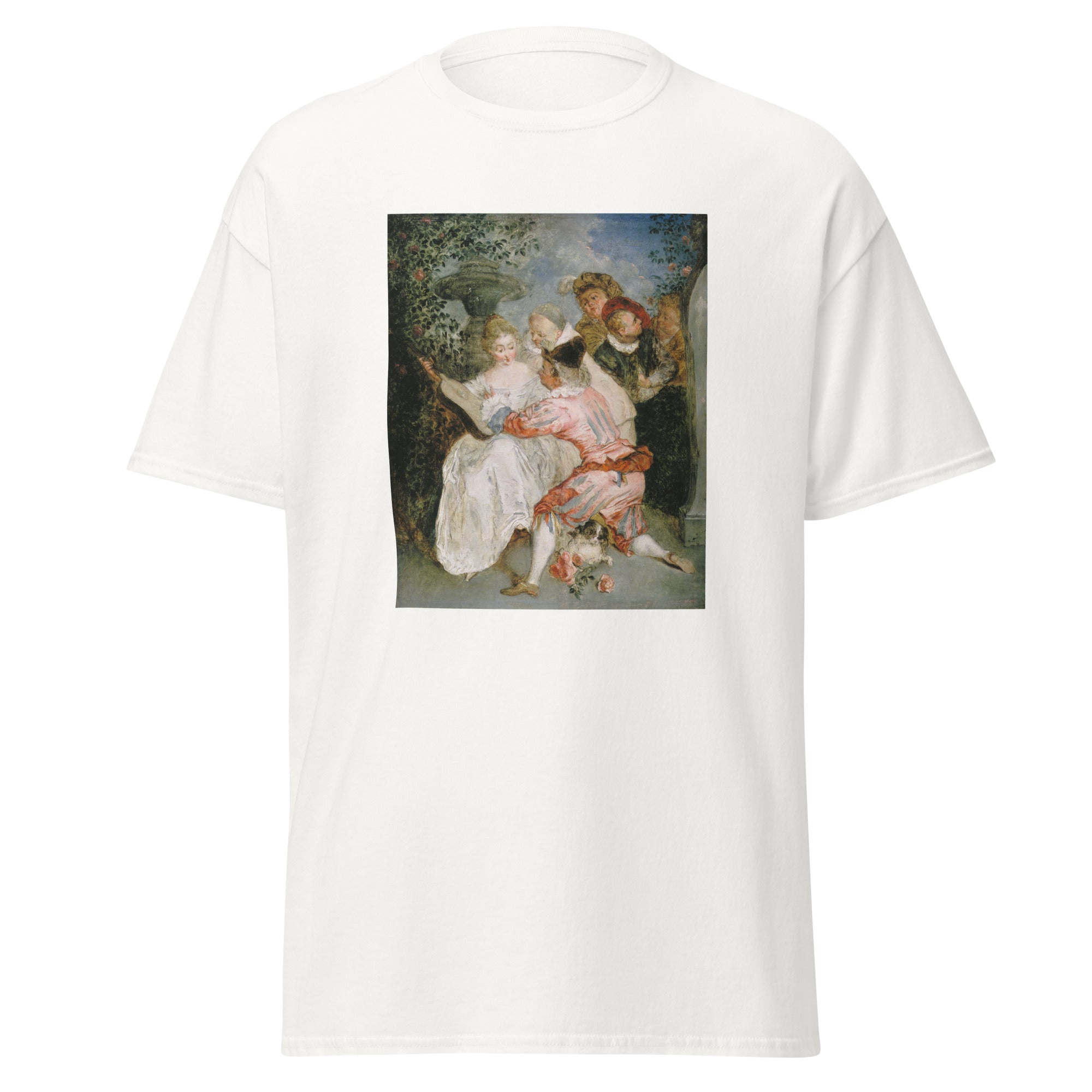 Unisex black t-shirt featuring Antoine Watteau painting "Verteller" printed across the front