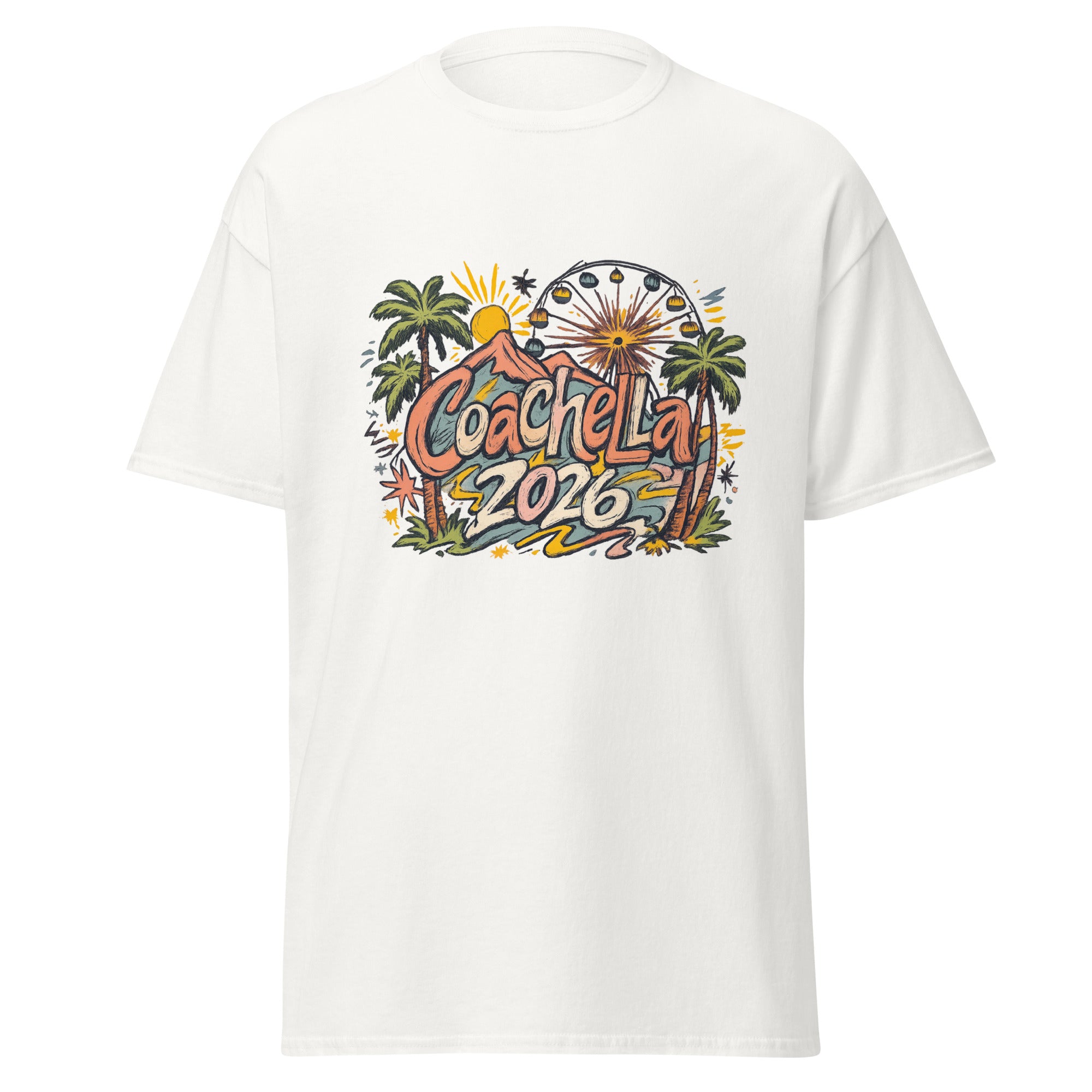 Unisex black t-shirt featuring Coachella event graphic printed across the front chest