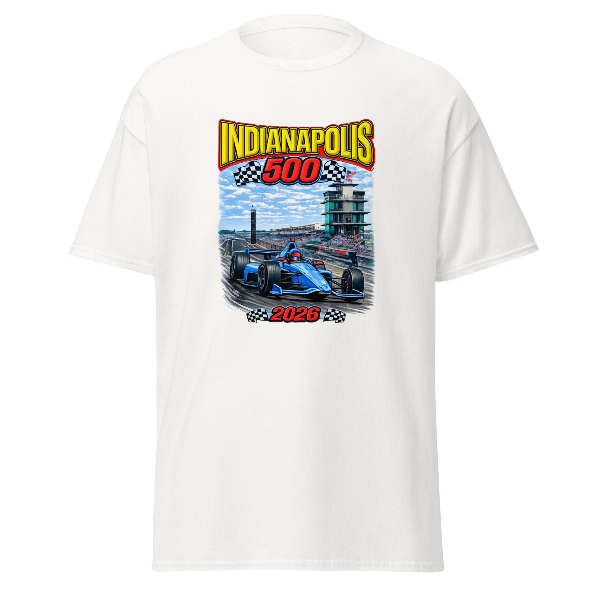 Unisex black t-shirt featuring Indianapolis 500 event graphic printed across the front chest