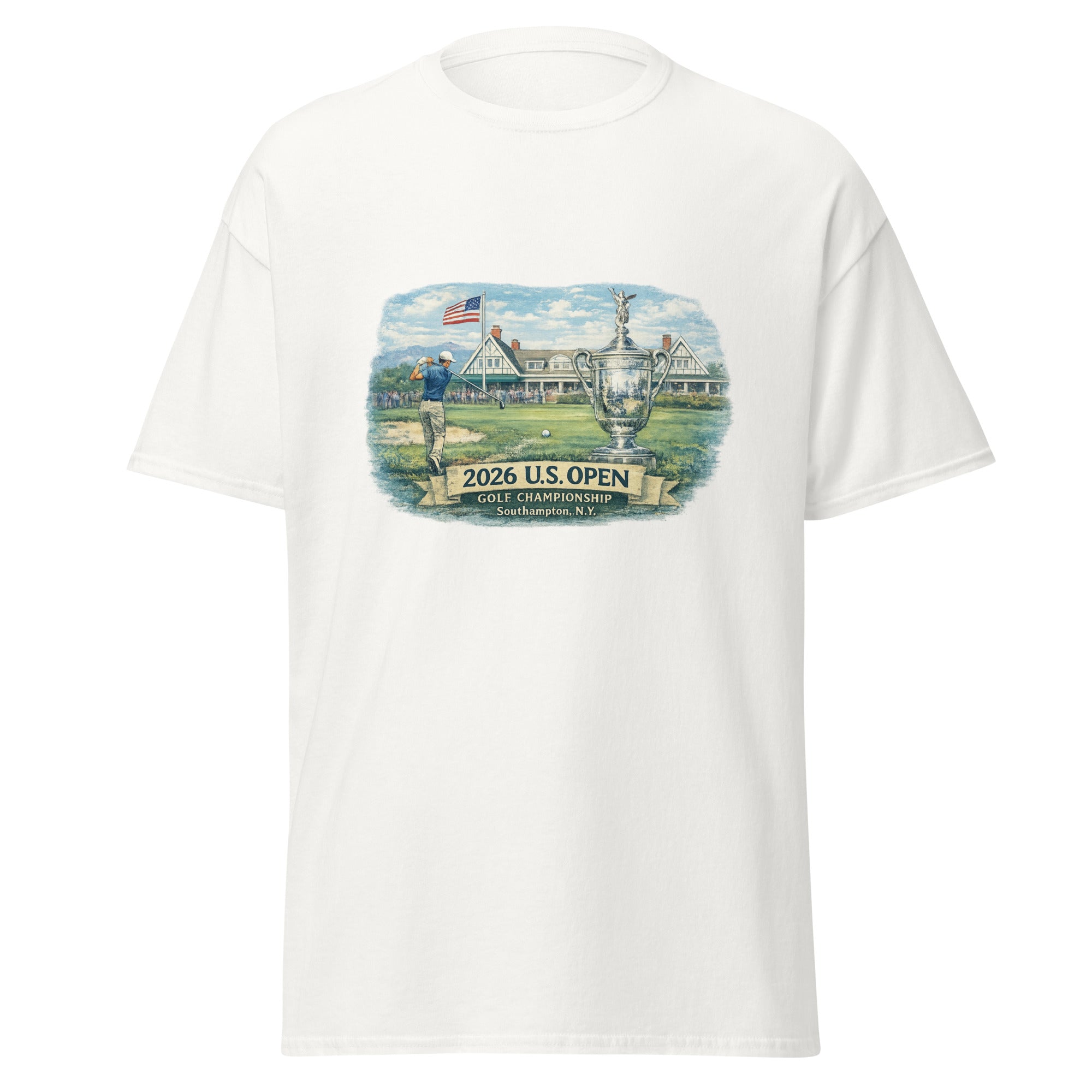 Unisex black t-shirt featuring US Open Golf event graphic printed across the front chest
