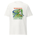 Unisex black t-shirt featuring Wimbledon event graphic printed across the front chest