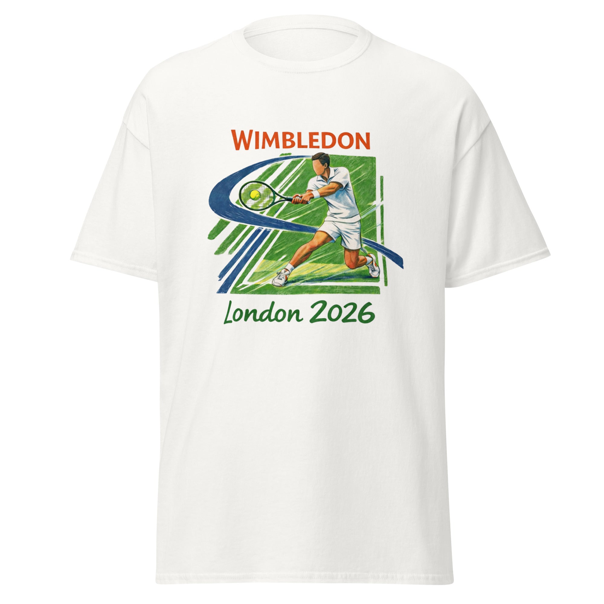 Unisex black t-shirt featuring Wimbledon event graphic printed across the front chest
