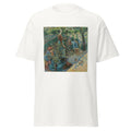 Unisex black t-shirt featuring Camille Pissarro painting "Apple Picking" printed across the front