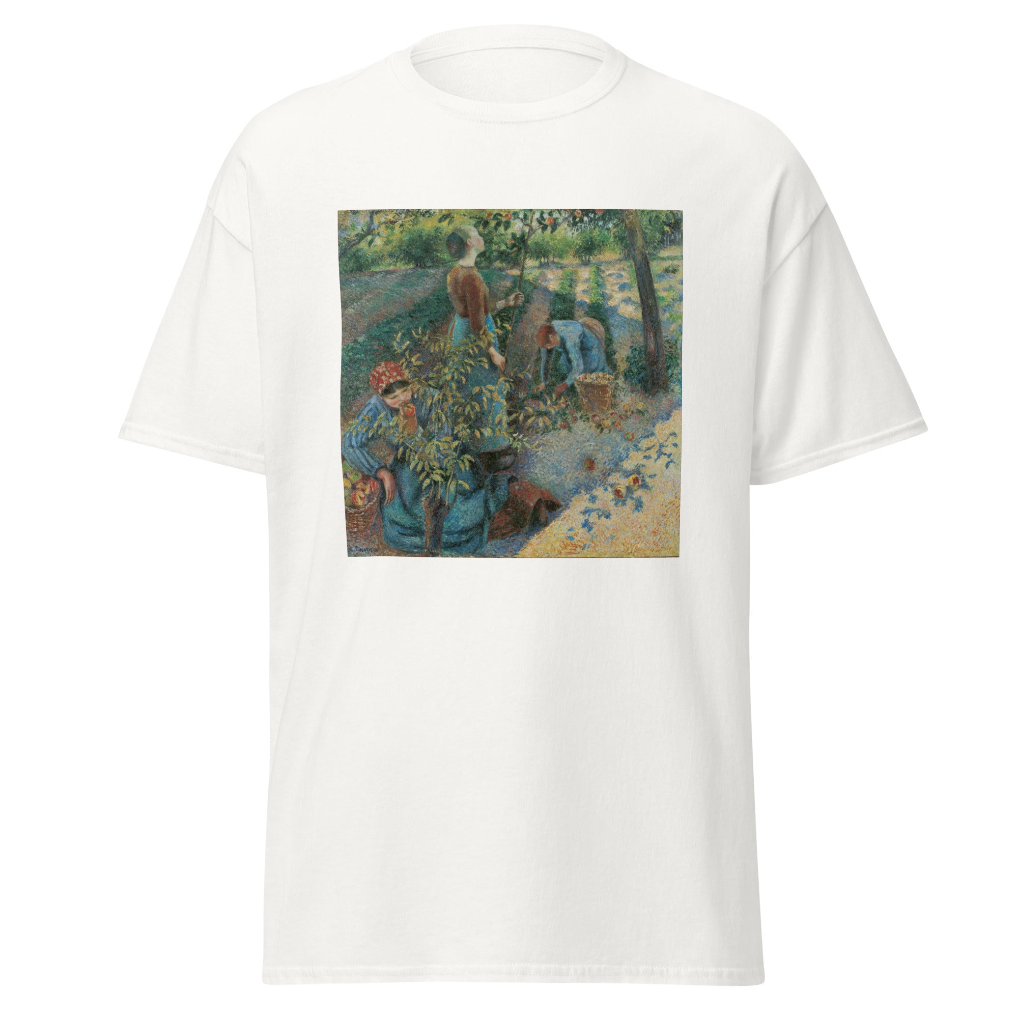 Unisex black t-shirt featuring Camille Pissarro painting "Apple Picking" printed across the front