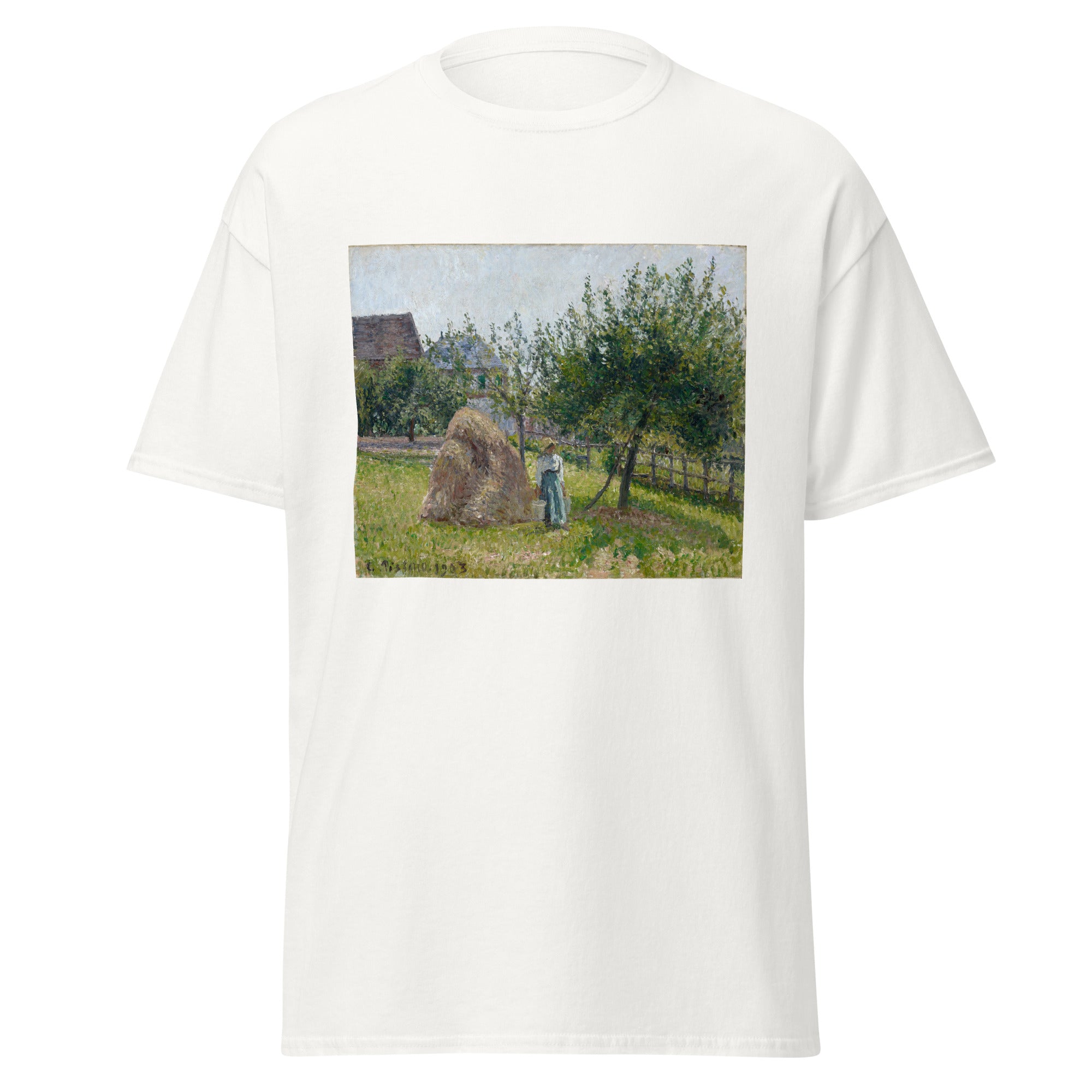 Unisex black t-shirt featuring Camille Pissarro painting "Apple Trees" printed across the front