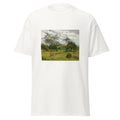 Unisex black t-shirt featuring Camille Pissarro painting "Autumn Eragny" printed across the front