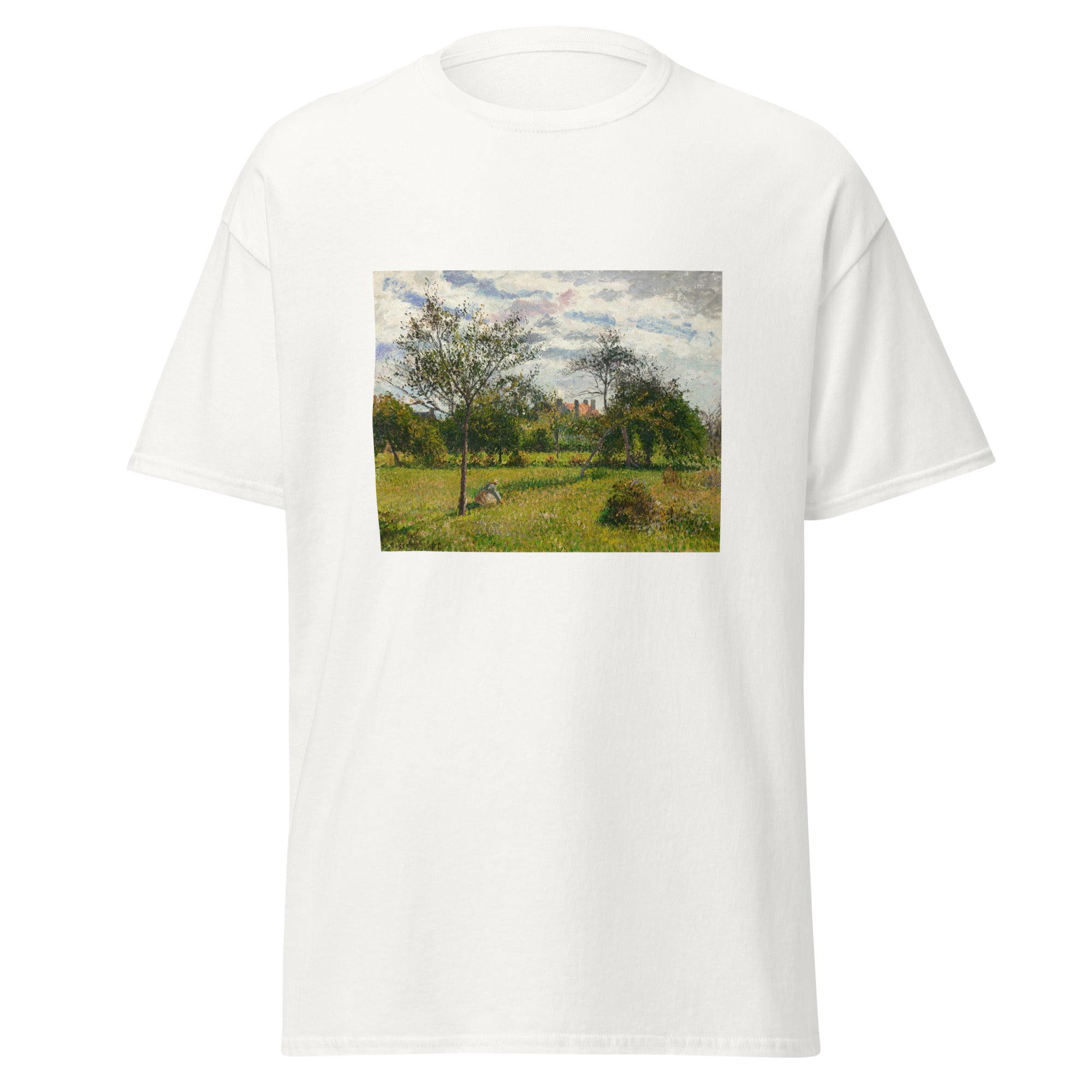 Unisex black t-shirt featuring Camille Pissarro painting "Autumn Eragny" printed across the front