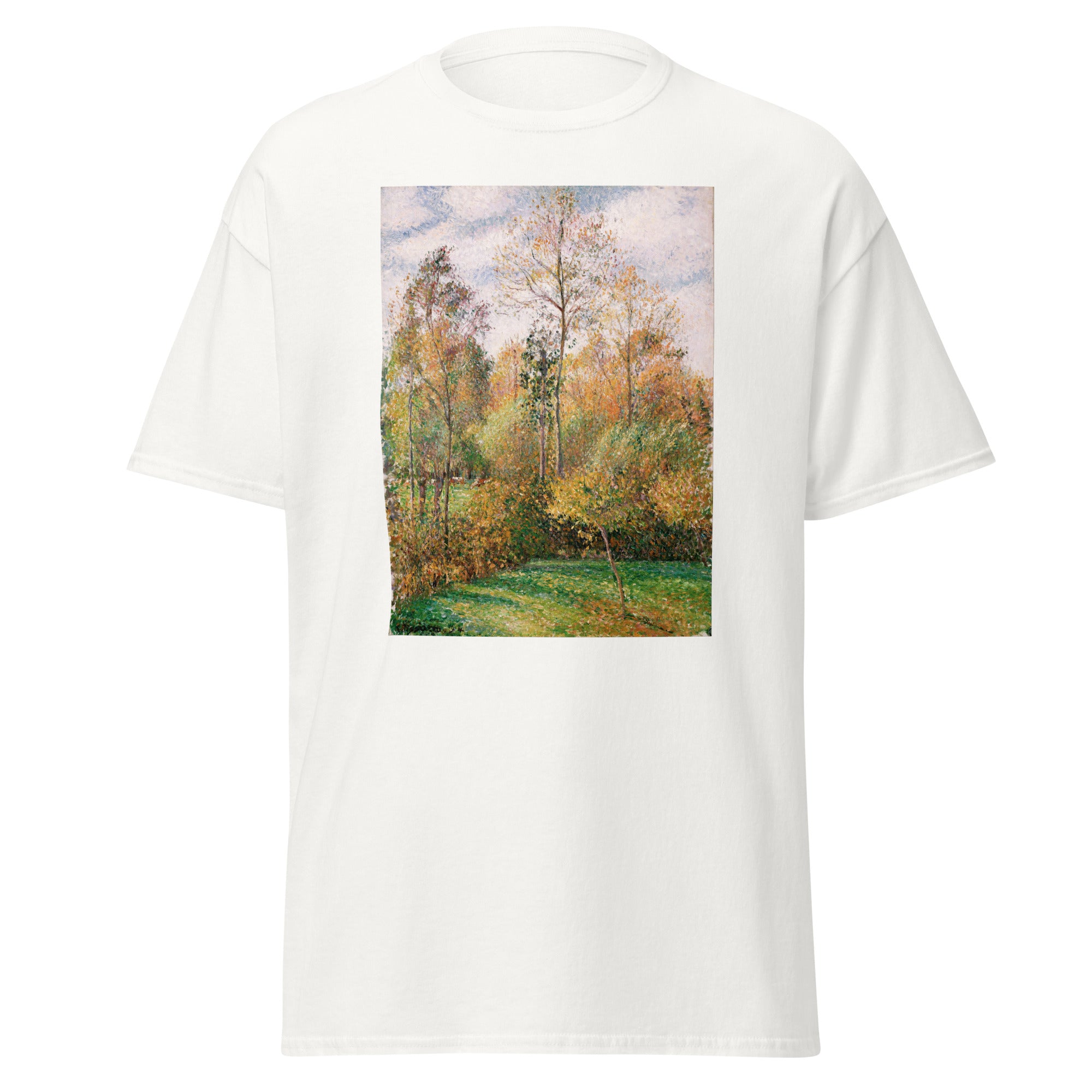 Unisex black t-shirt featuring Camille Pissarro painting "Autumn Poplars" printed across the front