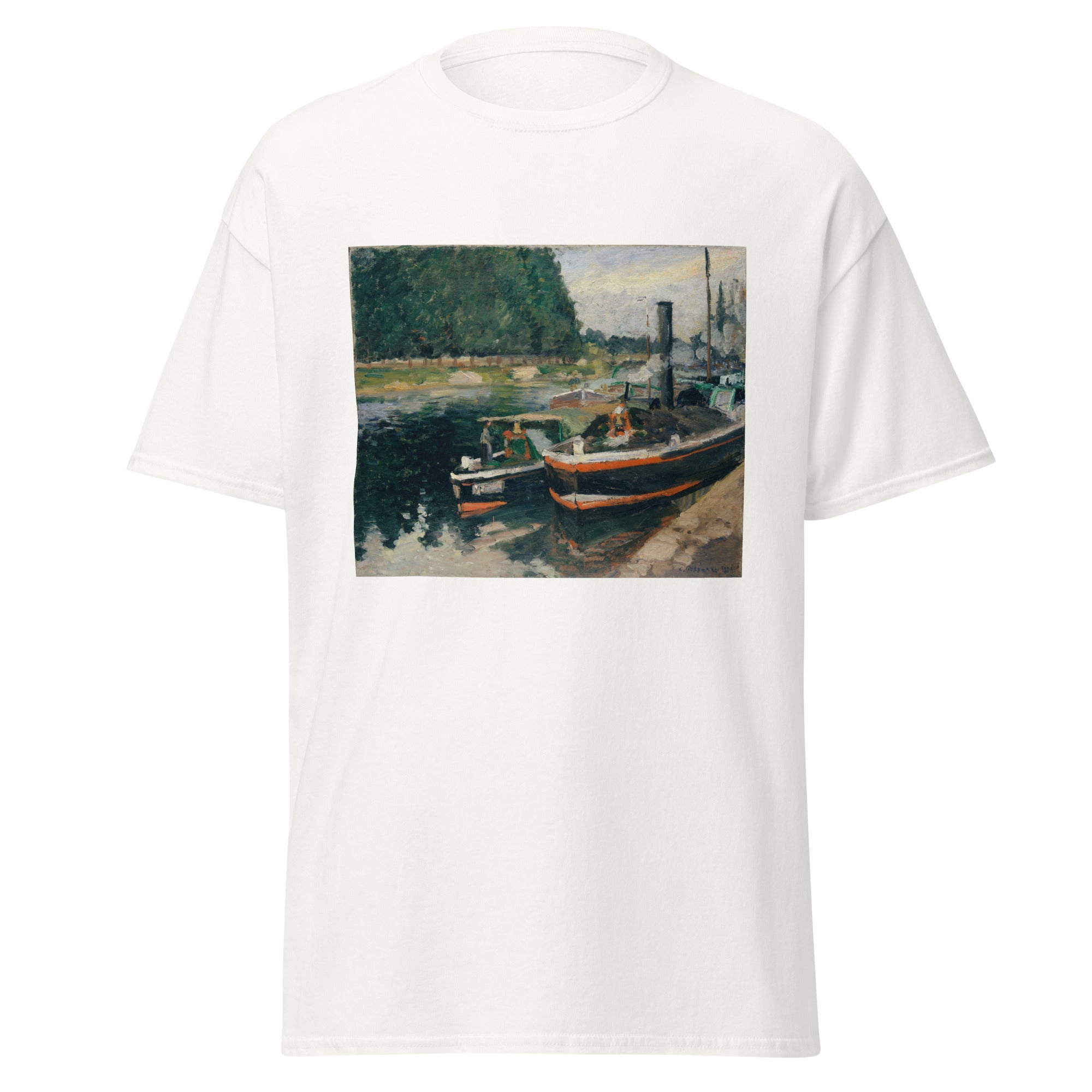 Unisex black t-shirt featuring Camille Pissarro painting "Barges" printed across the front
