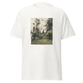 Unisex black t-shirt featuring Camille Pissarro painting "Bazincourt 2" printed across the front