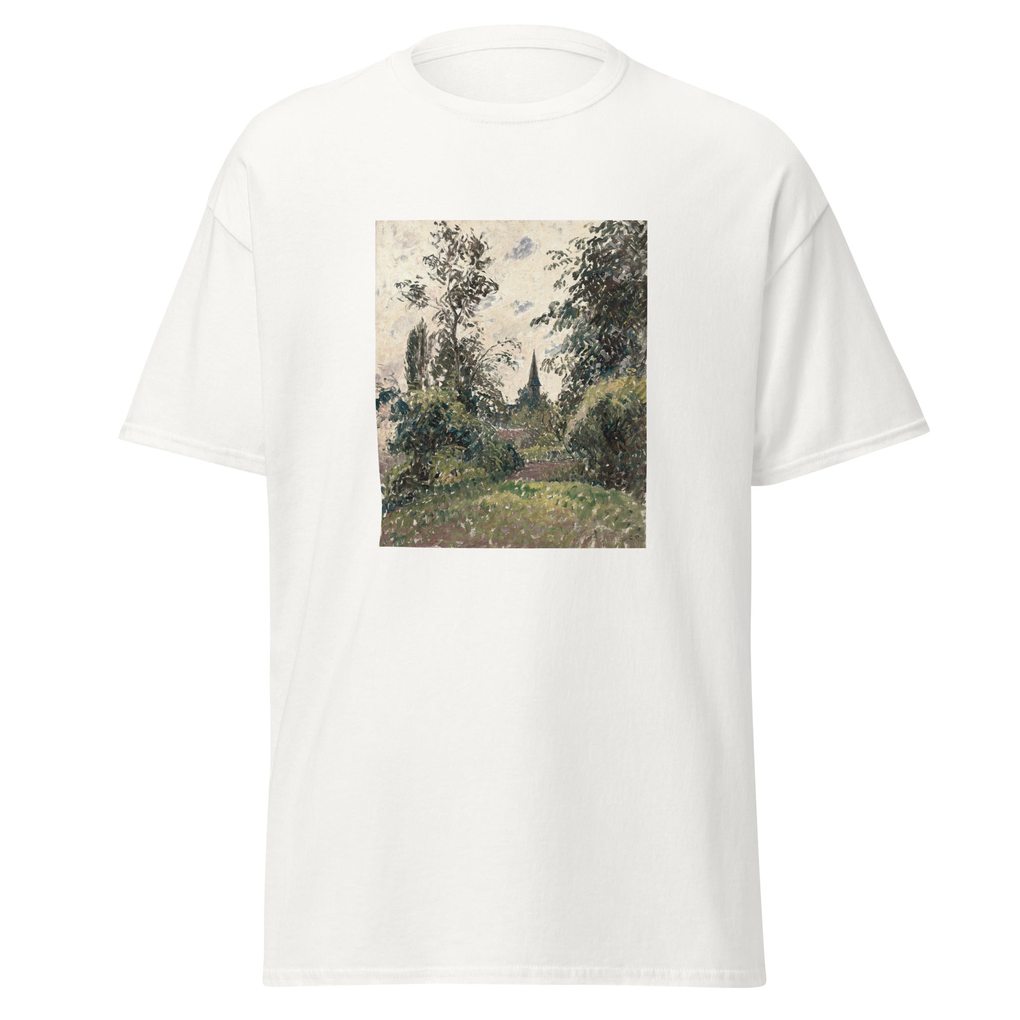 Unisex black t-shirt featuring Camille Pissarro painting "Bazincourt 2" printed across the front