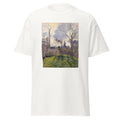 Unisex black t-shirt featuring Camille Pissarro painting "Bazincourt" printed across the front